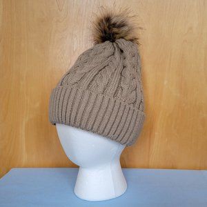 NEW Winter Taupe Crochet Cable Knit Cuffed Beanie with Fur Pom Pom WARM